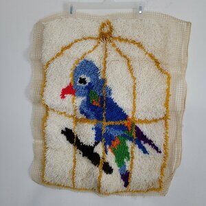 Vintage Latch Hook Pillow Blue Birds Small Square Accent Throw Mat Parrot